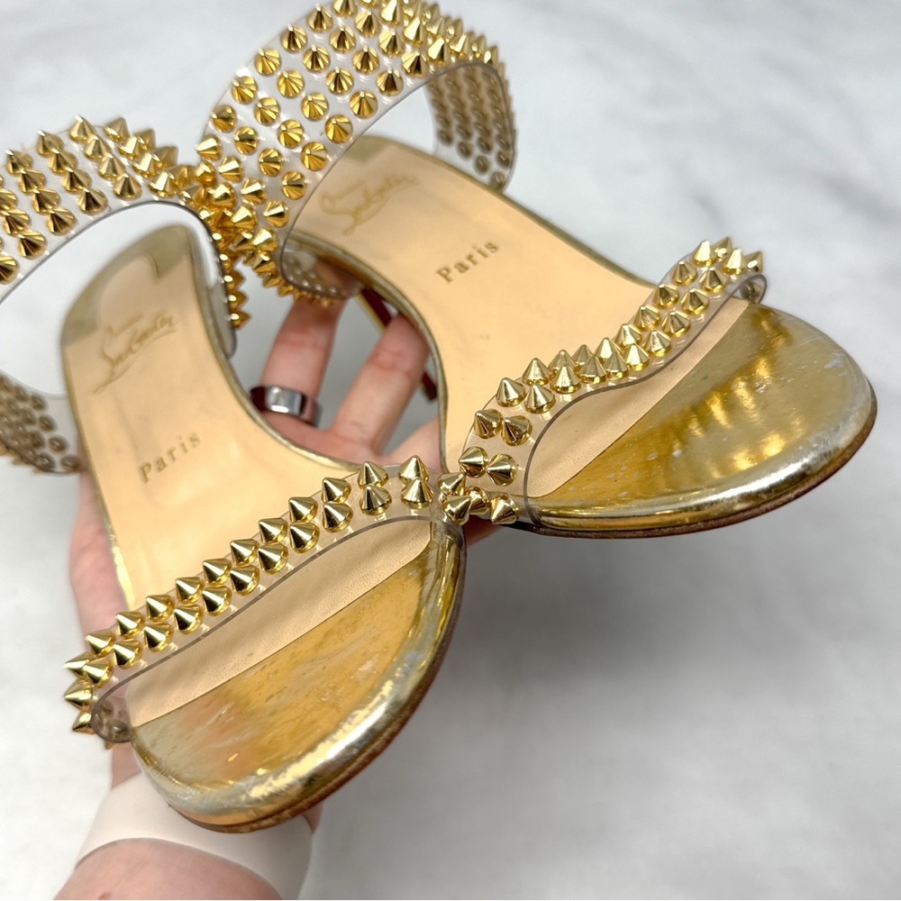 Christian Louboutin Spikes Only PVC Chrome Open Toe Mule Sandal Heels Gold 42 - Picture 7 of 16